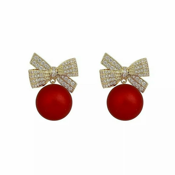Fashion Red Zircon Beads Bow Earrings Ear Stud Christmas Party Jewelry Women Hot-default