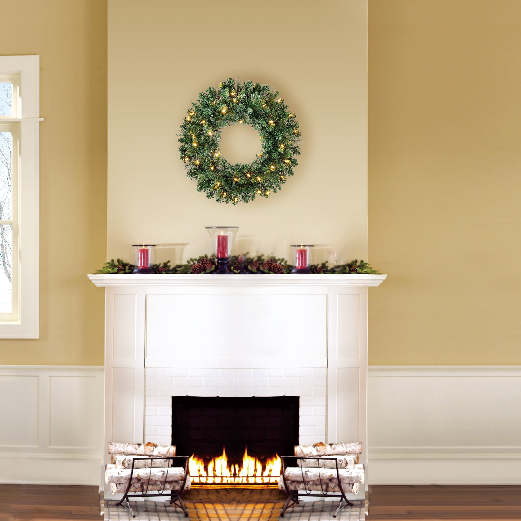 Scottsdale Pine Color-Changing Pre-Lit LED Battery Powered Christmas Wreath with Timer, Green, 24", by Holiday Time