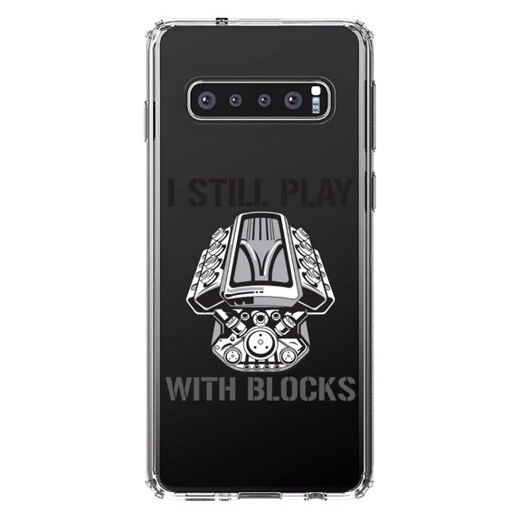 DistinctInk Clear Shockproof Hybrid Case for Samsung Galaxy S10 (6.1" Screen) - TPU Bumper Acrylic Back Tempered Glass Screen Protector - I Still Play with Blocks - Cars