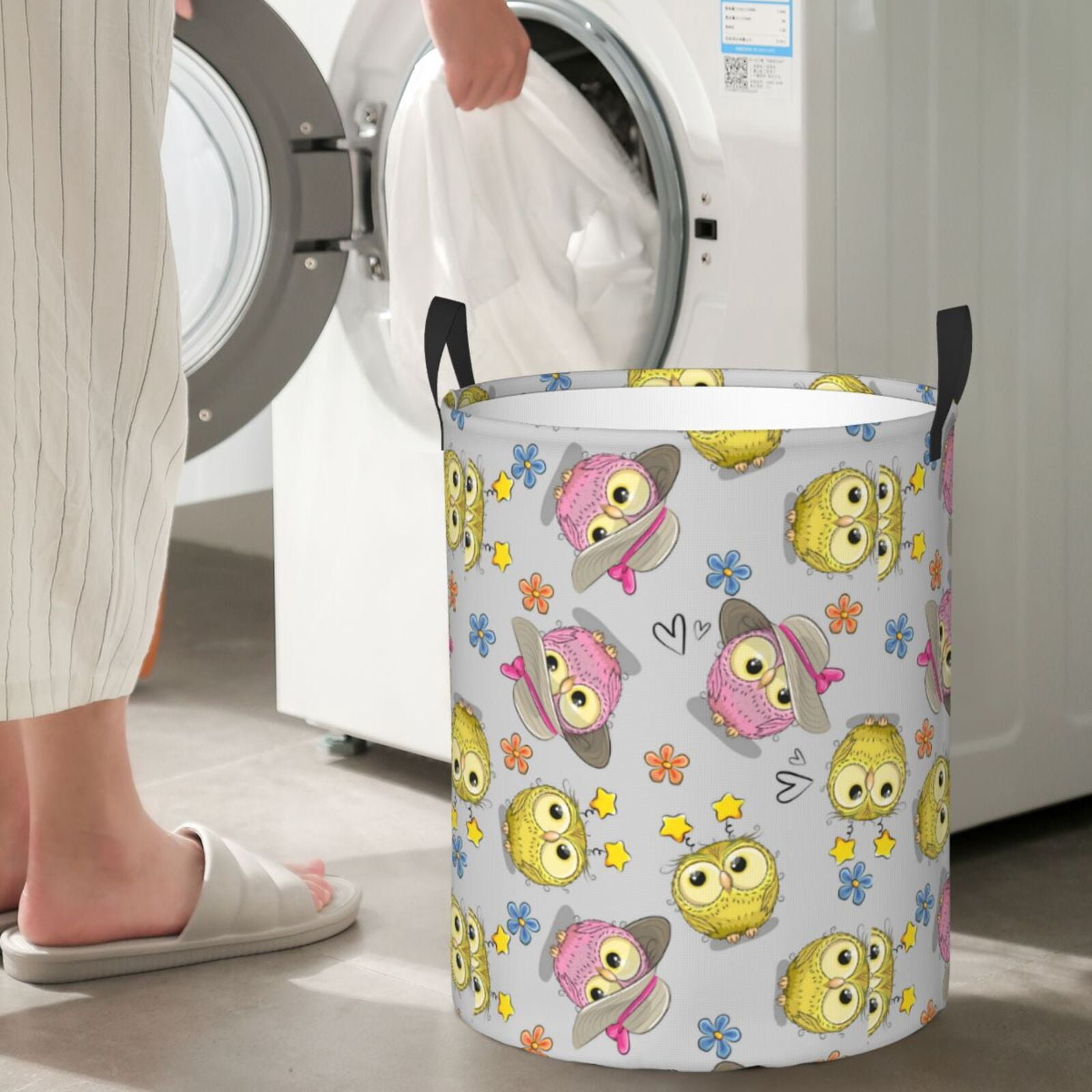 Large Laundry Basket with Handles - Cartoon Owls Kids Baby Dirty Clothes Laundry Hamper for Bedroom Aesthetic
