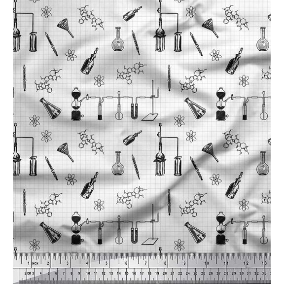 Soimoi Black polyester Crepe Fabric Check & Scientific Lab Equipments Education Theme Print Fabric by the Yard 42 Inch Wide