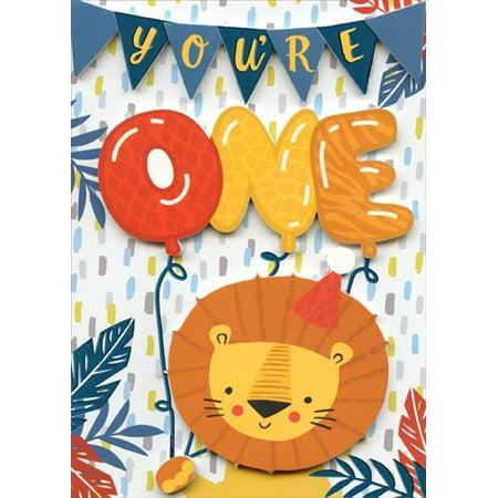 3d Card Present - Paper House Productions Lion and Balloons 3D Tip On Age 1 / 1st Birthday Card