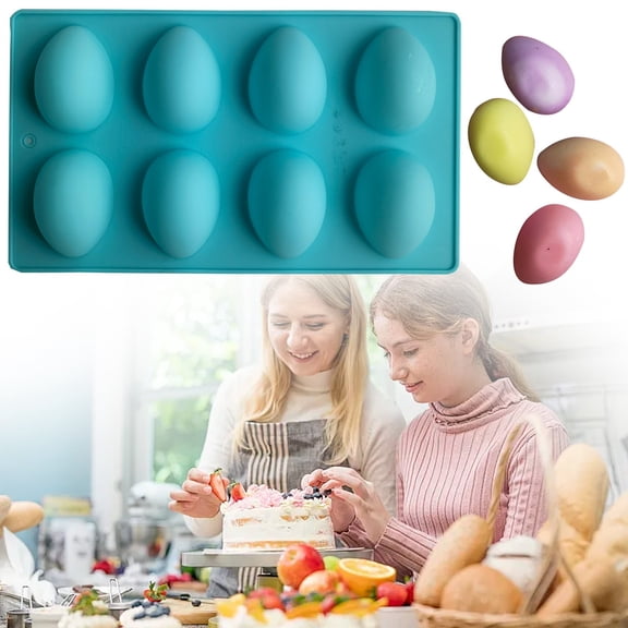 Easter Egg Shaped Silicone Baking Mold, Non-Stick Reusable 8-Cavity Silicone Egg Tray for Homemade Cakes, Desserts, Jelly, Soap, Yogurt, Oven, Freezer, Dishwasher Safe, Blue
