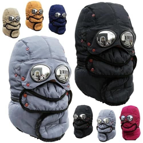 Winter Thermal Hat with Glasses, Windproof Ski Mask Cap with Ear Flaps & Detachable Face Cover, Warm Cycling Hat for Cold Weather Outdoor Activities