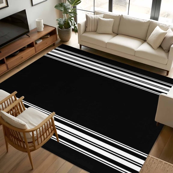 8x10 Area Rugs Black Striped Non-Skid Rubber Backing Large Rectangle Rugs - Living Room Bedroom Home Office, Farmhouse Black White Stripes Indoor Floor Mat Carpets Washable Rug