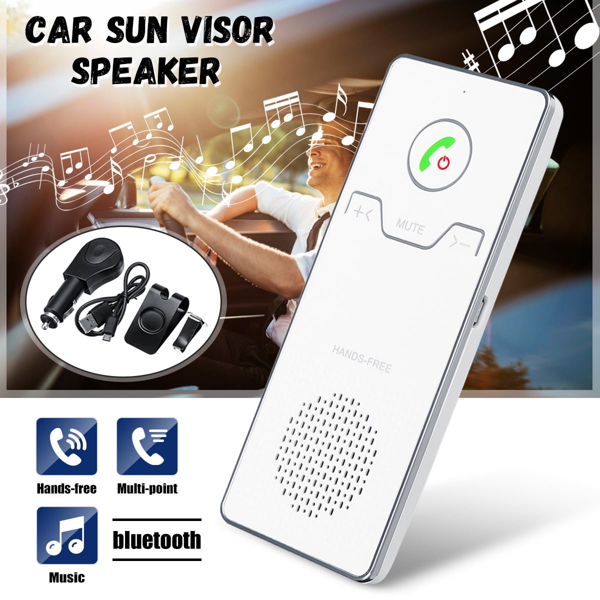 Car Wireless h Handsfree Speakerphone Multipoint Speakerphone Kit Car Sun Visor Hands-free Phone Audio Music Receiver Devices + Car + USB Cable