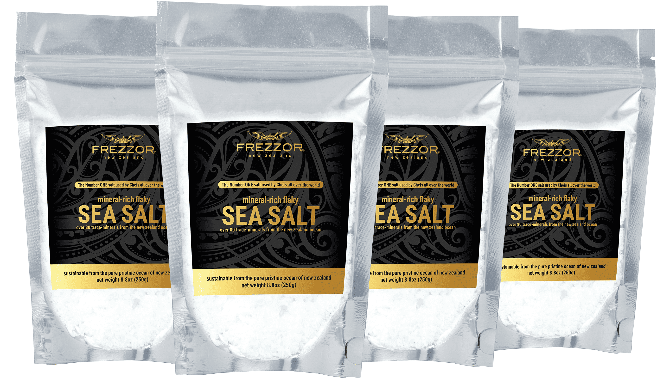 FREZZOR Mineral-Rich Flaky Sea Salt, 4-Pack, Premium Gourmet, 100% All-Natural New Zealand Unprocessed Kosher Flakes, 84 Minerals & Trace Elements,   29.6 Ounces