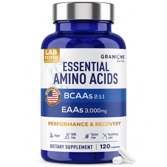 Essential Amino Acids Supplement for Men & Women - All 9 BCAAs EAA Supplements - Leucine Amino Acid, Lysine, Tryptophan, Advanced Amino Complex for Energy & Muscle Recovery - 120 Vegan BCAA Capsules