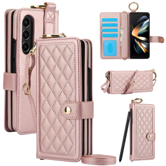 Allytechgroup Wallet Phone Case for Samsung Galaxy Z Fold 3, Crossbody Strap Cards Slots RFID Blocking Ring Holder S Pen Holder Shockproof Case Cover for Girls Women, Rosegold