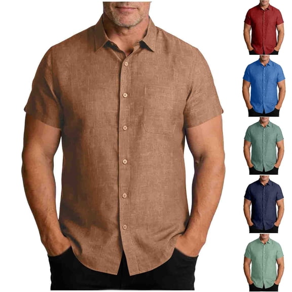 KeShDi Summer Mens T-Shirts Men Solid-Color Casual Loose Fashion Button Beach Shirt Short Sleeve Turndown Collar Top Shirt Khaki 3X