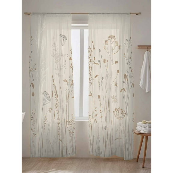 Sheer Curtains 84 inches Long 2 Panels Set Fall Wildflowers Flowers Leaves Floral Modern Tiers Sheers Rod Pocket Small Window Short Curtains for Kitchen Cafe, Each 52" W x 84" L
