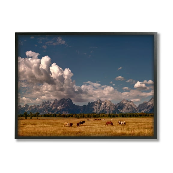Stupell Industries Horses Grazing Mountain View Nature Photography Black Framed Art Print Wall Art, 14 x 11