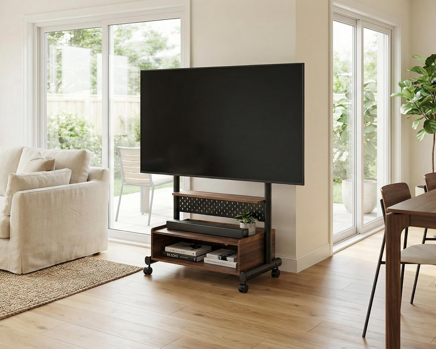FITUEYES Rolling TV Stand for 40–85 Inch TVs, Black & Gold, Storage & Pegboard