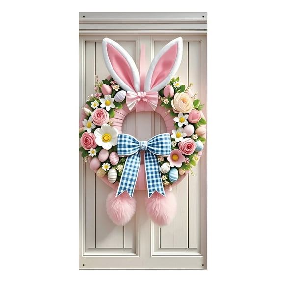 Welcome Bunny Door Cover, Pink Happy Easter Door Backdrop Decoration, Easter Front Door Welcome Sign Decoration for Happy Easter Party Favors