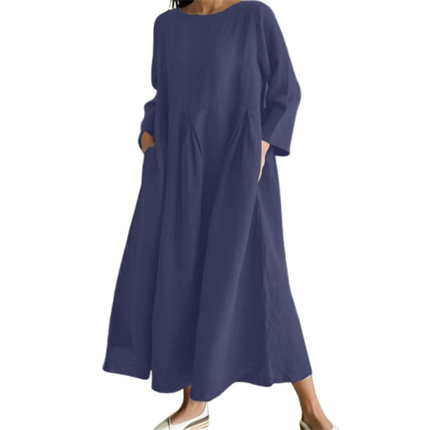 Vestido largo de lino de color liso para mujer: cuello redondo y corte A, estilo universitario informal para llevar todo el día