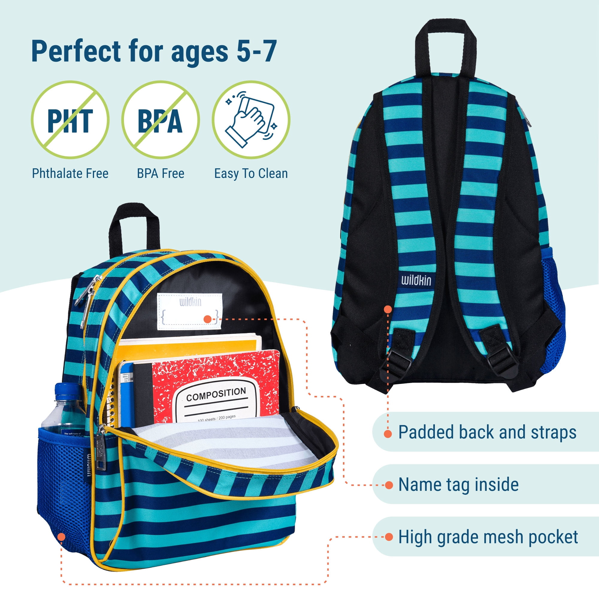 Wildkin Kids 15 Inch Backpack for Boys and Girls (Blue Stripes)