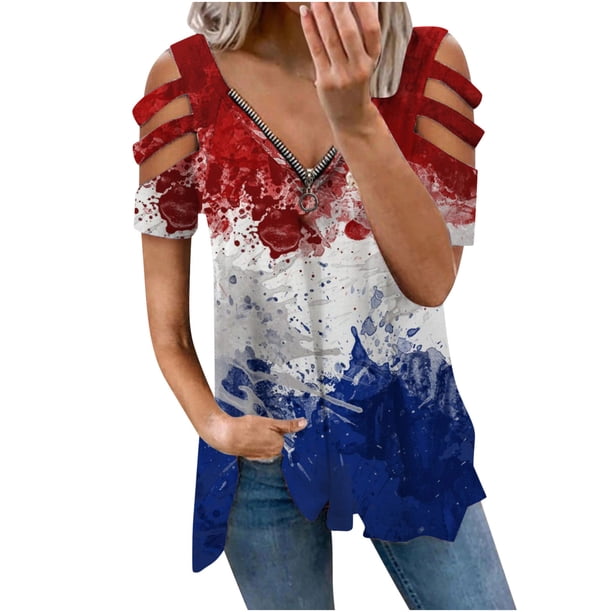 Verano de las mujeres con cuello en v cremallera impresa sin tirantes sexy manga corta tops camisa blusa pulóver Pompotops hkajfhjk469746