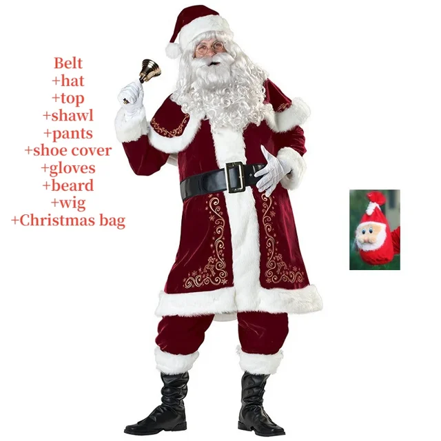 Disfraz de Papá Noel rojo para adultos, traje de lujo de terciopelo, conjunto de fiesta de Navidad para hombres, familia, Año Nuevo, traje de Papá Noel, navidad