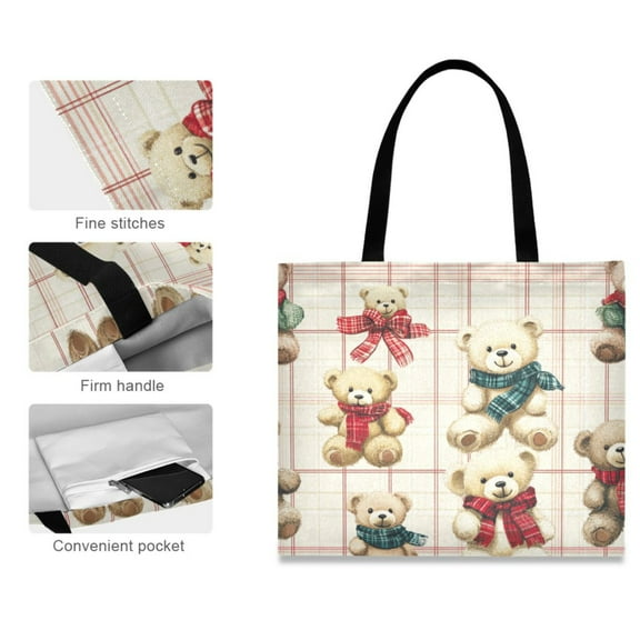 Canvas Tote Bag for Women Girls Design Print Bear Hugs and Checkered Love Tote