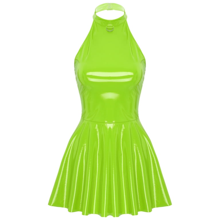 inhzoy Womens Shiny Leather A-Line Mini Dress Halter Neck