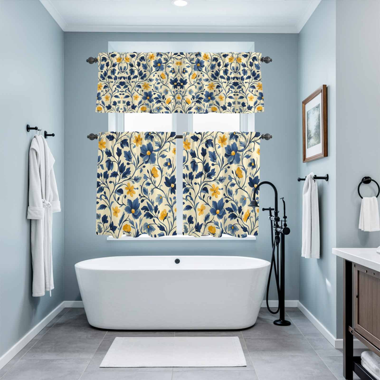 Rustic Floral Kitchen Curtains Valances 3 Piece Set, Watercolor Vintage Yellow Blue Flower Blue Grey Leaf Linen Texture Rod Pocket Tier Curtain & Valance Drapes for Small Window 24 Inch Length