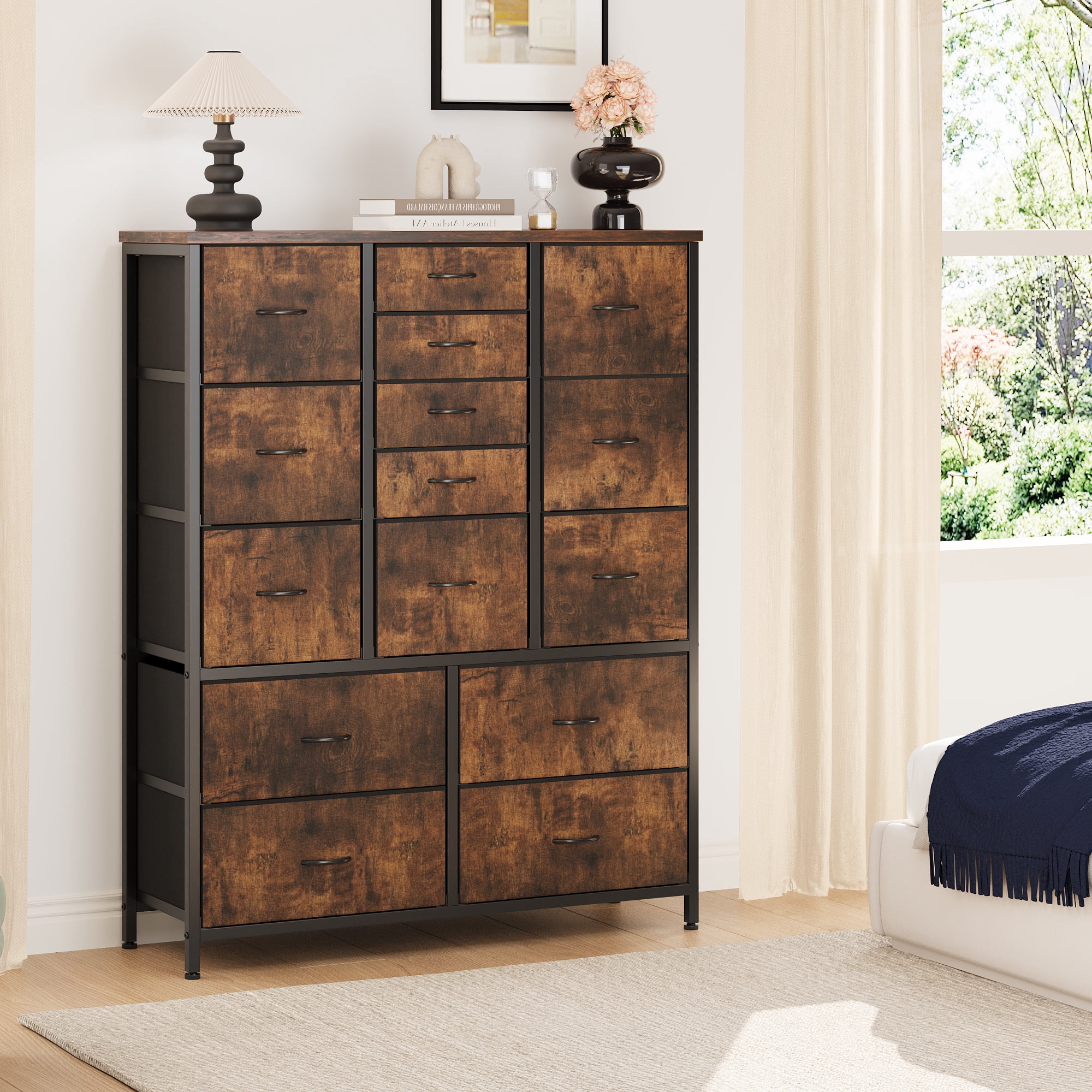 Towallmark 48" H Tall Dresser with 15 Drawers Dressers for Bedroom Fabric Storage Dresser & Chest of Drawers(Brown)