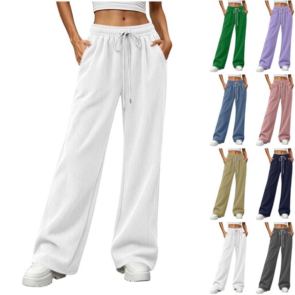 Chiccall Women's Corduroy Wide Leg Pants Drawstring Elastic Waist Casual Trousers with Side Pockets