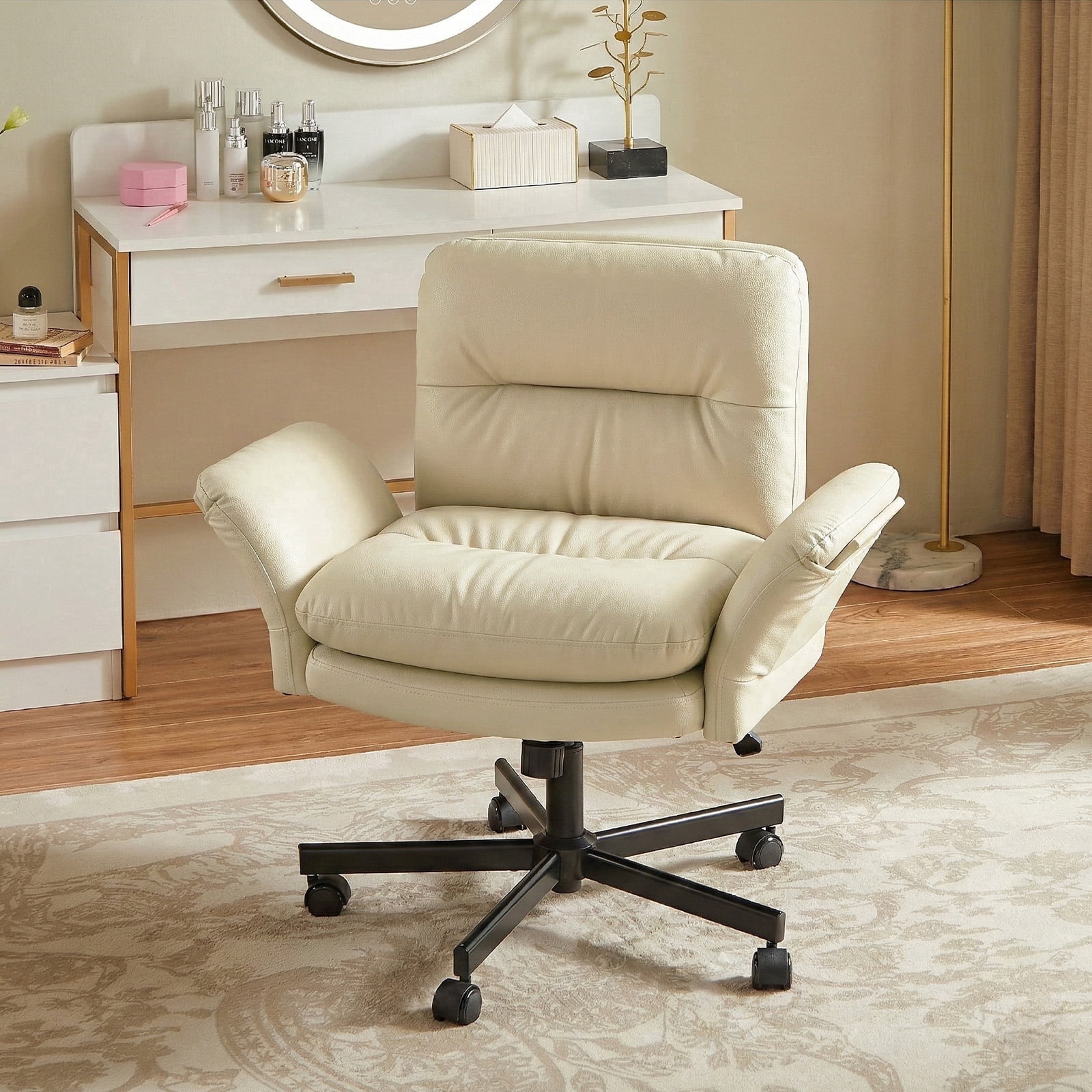 Bestier Office Chair Criss Cross Chair with Flip-Up Arms, Adjustable Height, Comfy Computer Chair, Vanity Chair with Side Pockets, Beige,PU Leather