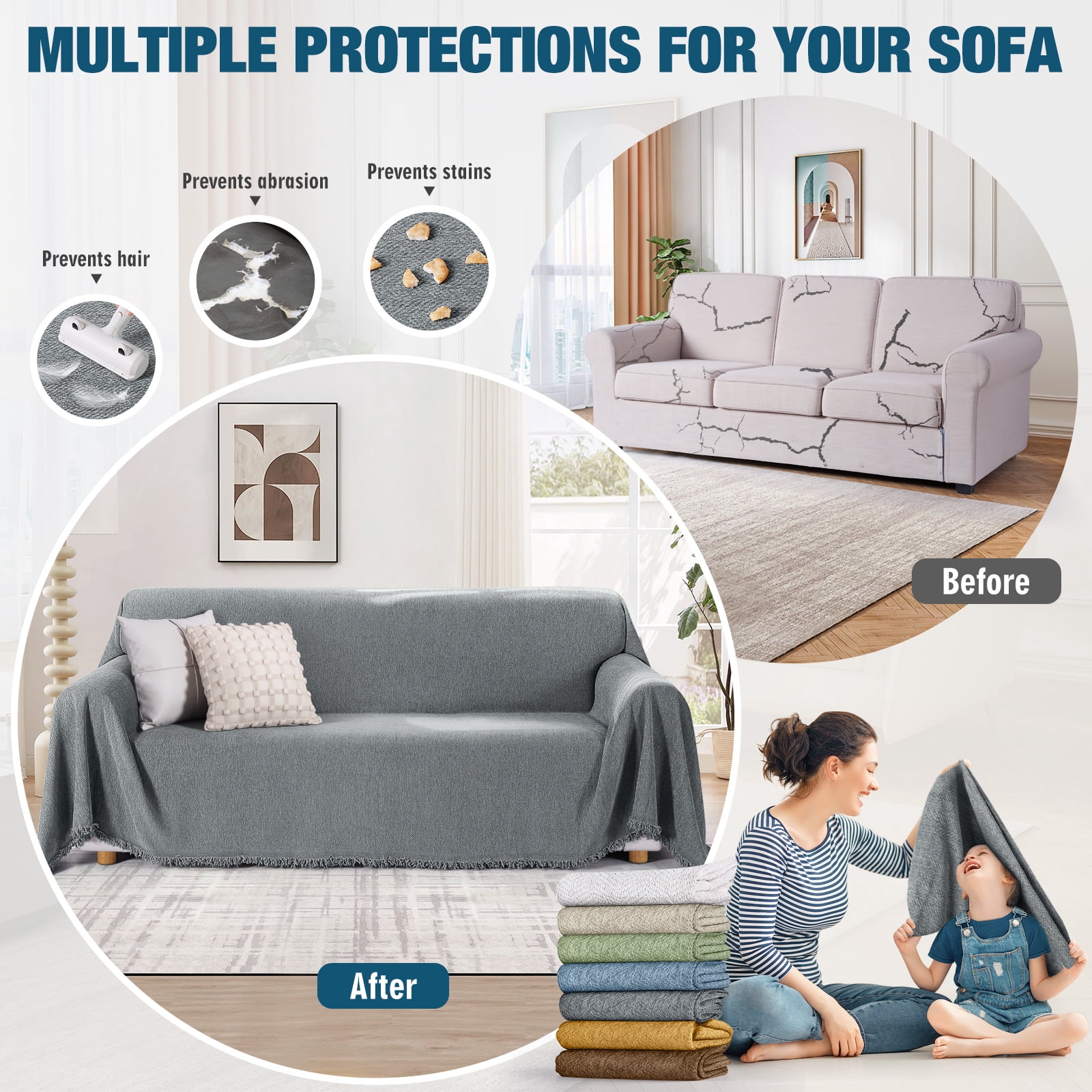 Timeles Couch Covers Washable Oversized Sofa Slipcovers with Tassels Sectional Couch Cover Soft Sofa Blanket Durable Furniture Protector for Kids Pets (71" x 150", Grey)