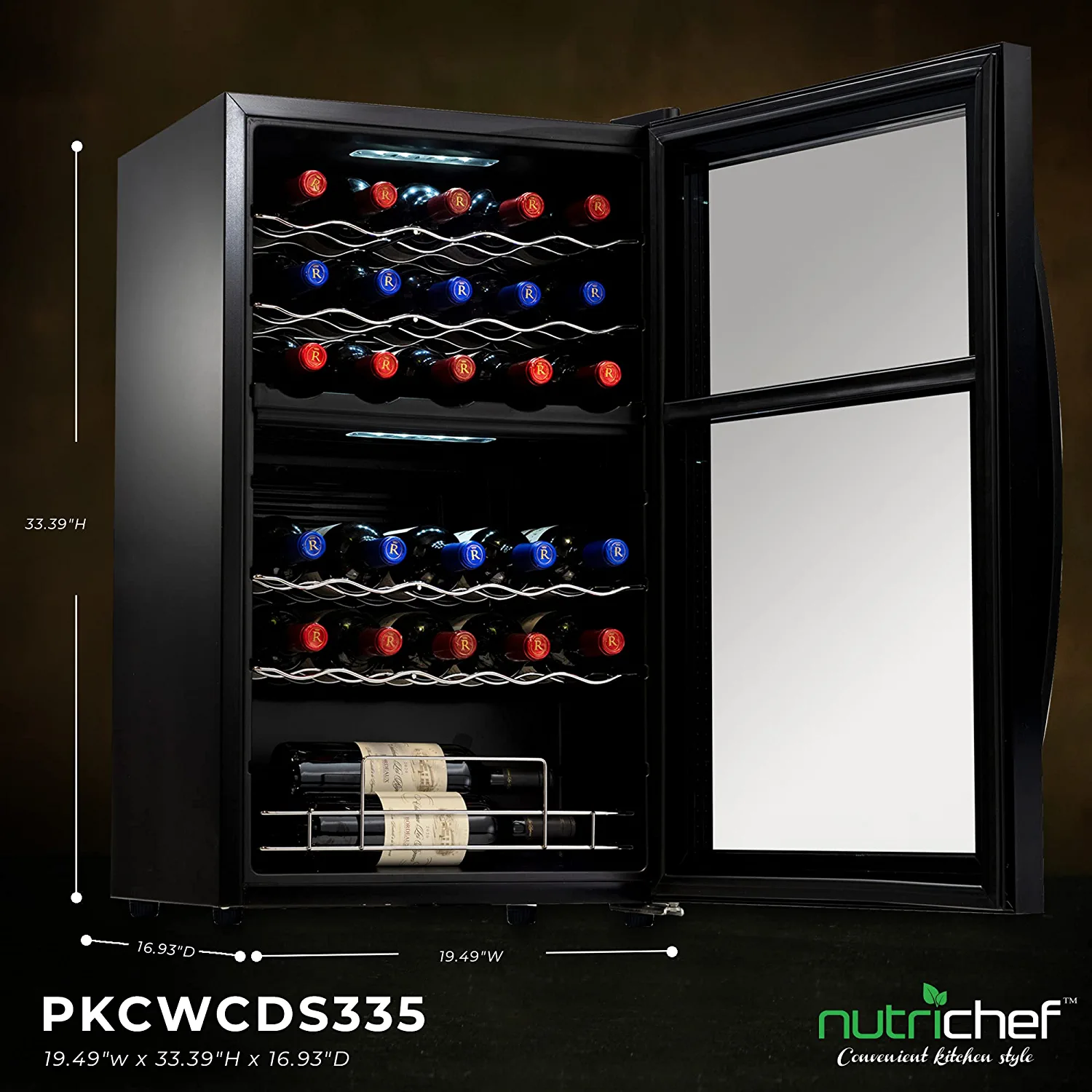 NutriChef 33 Bottle Dual-Zone Refrigerator PKCWCDS335