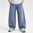thumbnail image 4 of Duqingm Boy's Baggy Jeans Wide Leg Hip Hop Pants Irregular Sutures Loose Fit Trousers Streetwear (Blue,14-15 Years), 4 of 7