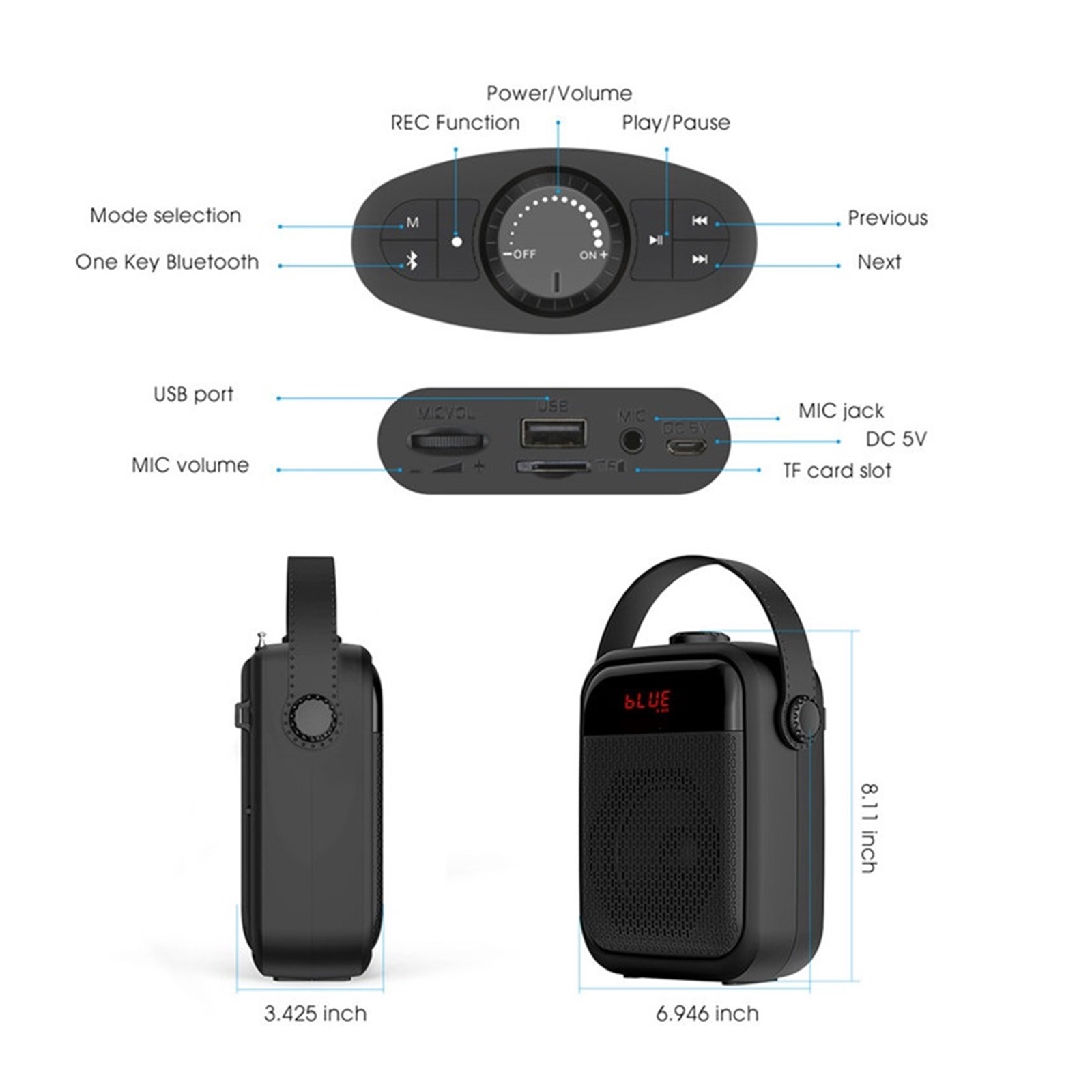 25W Voice Amplifier Wireless Microphone Audio Blue-tooth Speaker Megaphone Loudspeaker Recording FM Radio
