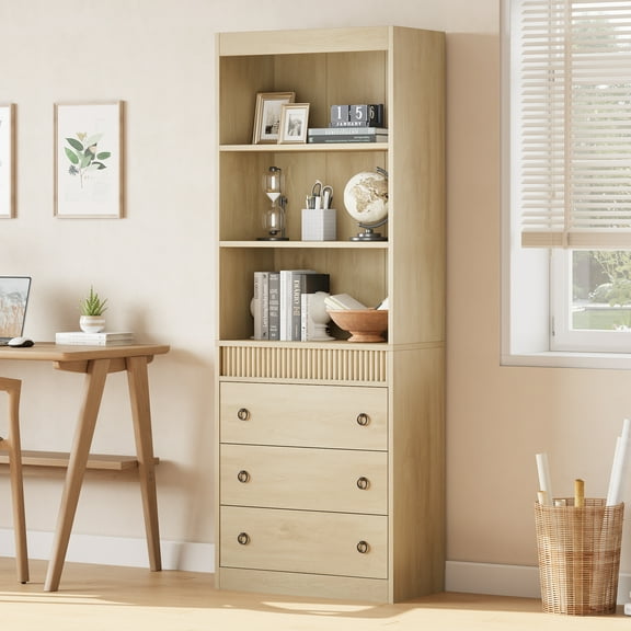 Pinypikaka Bookshelf with Drawers, 70.8" Tall Fluted Bookcase Wood Bookshelf Book Case with Storage, Waved Design Storage Cabinet with Open Shelf for Living Room Office