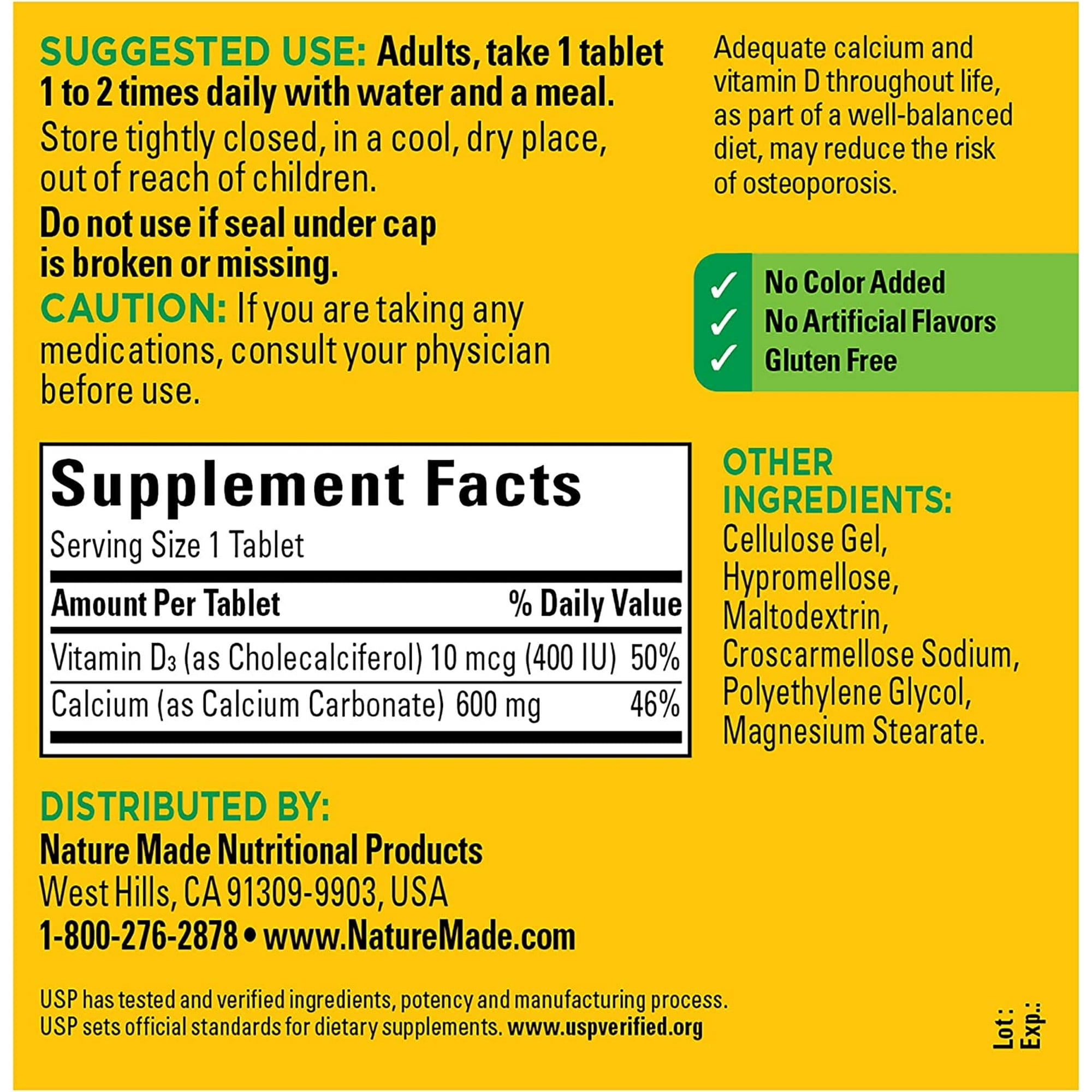 Nature Made Calcium 600 mg with Vitamin D3, Dietary Supplement for Bone Support, 220 Tablets