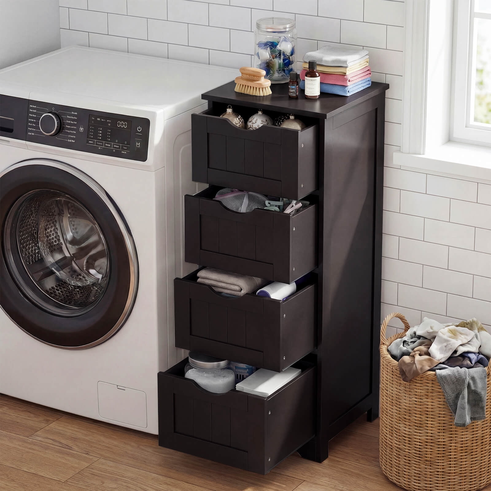 Costway 32.5'' Bathroom Floor Cabinet with Anti-tipping Device Freestanding Towel Cabinet Espresso