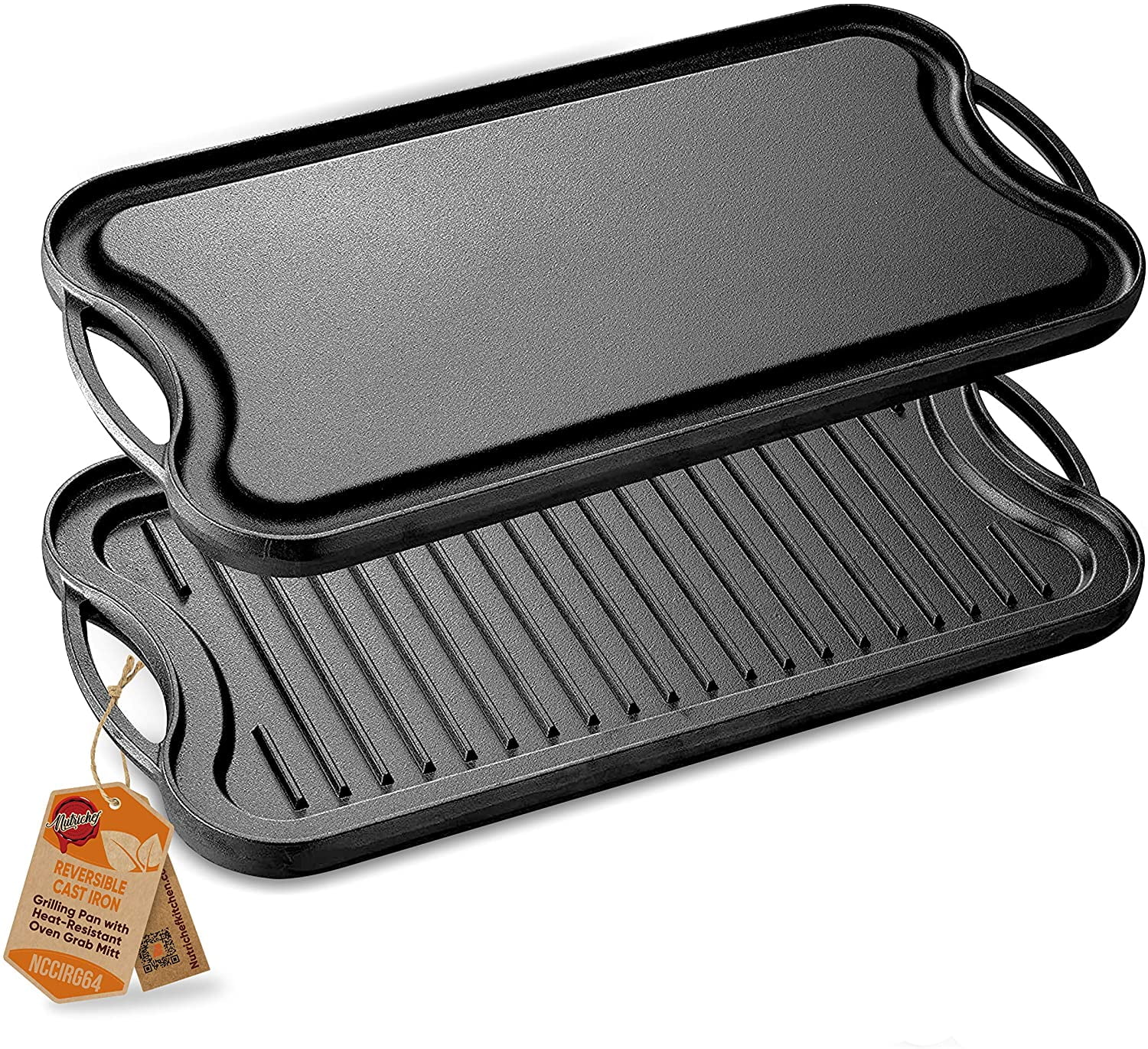 Bayou 28 Inch Flat and Grill Sides Reversible Seasoned Cast Iron Griddle Pan 