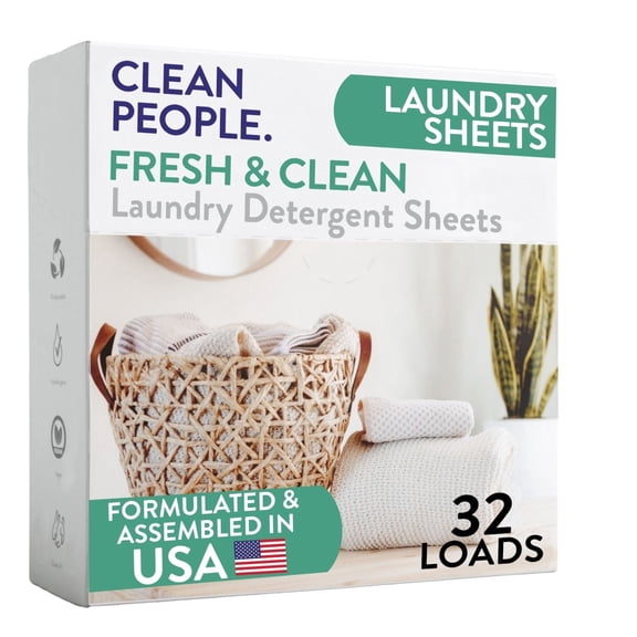 Clean People Laundry Detergent Sheets - Clean Ingredients, No Plastic Jug - Fresh Scent, 32 Pack