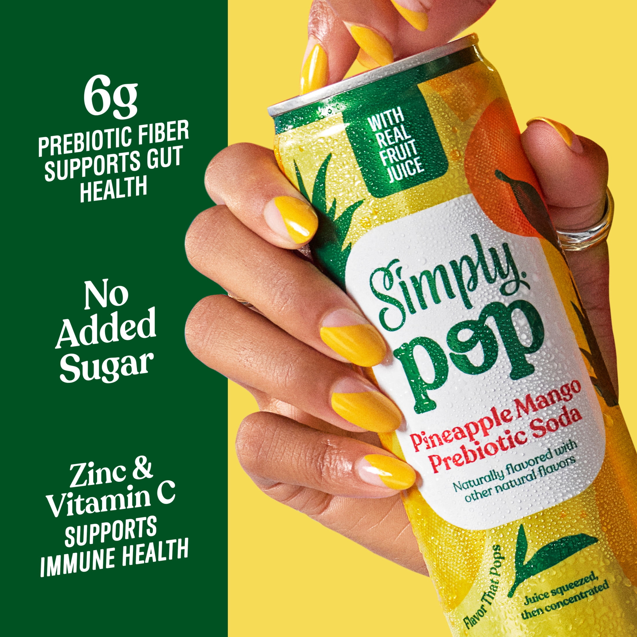 (12 pack) Simply Pop Prebiotic Soda Pineapple Mango Drink, 12 oz. can