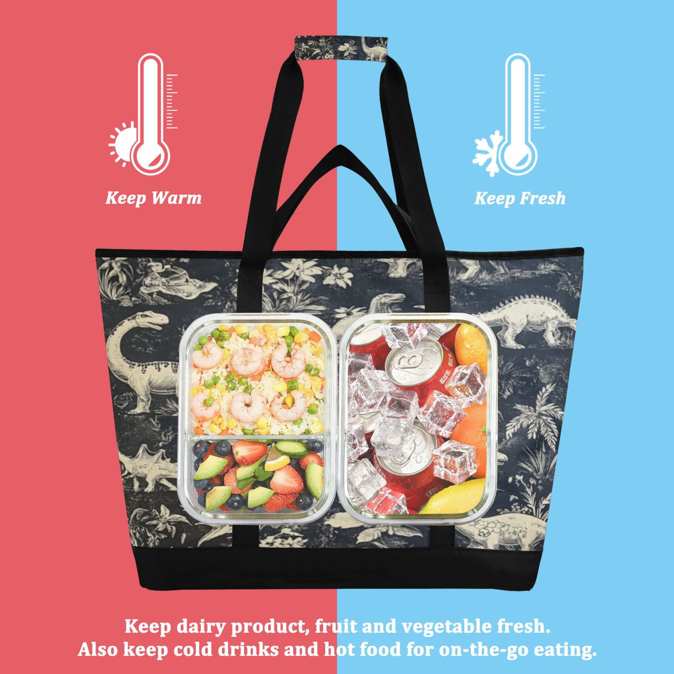 Large Hand-held Ice Pack Picnic Bag Insulation and Refrigeration Suitable for Shopping Picnics and Camping Black and White Dinosaur