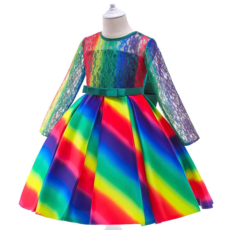 rainbow christmas dress B91xZ Girls Christmas Dress Child Girls Bowknot Multicolor Pageant Dress  Birthday Party Kids Lace Rainbow Gown Girls Size 6 Easter Dress Green,7-8  Years
