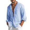 thumbnail image 2 of Men's Casual Loose Fit Striped Long Sleeve Button Down Shirt, Turn Down Collar Top for Spring Fall Daily Outfits, Soft Breathable Cotton Fabric, Relaxed and Comfortable Blue L, 2 of 5