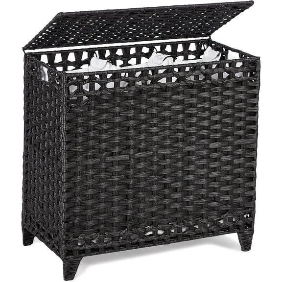 Laundry Hamper with 3 Removable Liner Bags; 132L Handwoven Rattan Laundry Basket with Lid & Heightened Feet; Clothes Hamper with Side Handles; Laundry Sorter with 3 Separate Sections (Black)