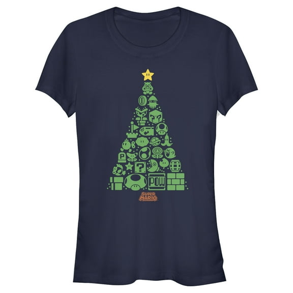 Junior's Nintendo Christmas Tree Mosaic  Graphic Tee Navy Blue X Large