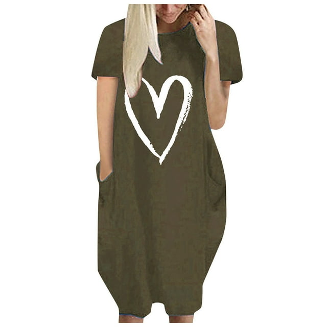 Pisexur Robe Maxi pour Femme Grande Taille Été Décontractée à Imprimé Cœur à Manches Courtes Col Rond Ample Unie Chemise de Nuit Plissée Robe de Sommeil Confortable avec Poches