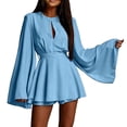 thumbnail image 2 of Karymi Solid Satin Romper Dress, Crew Neck Front Keyhole Cutout Bell Long Sleeve A-Line Mini Dress with Adjustable Self Tie Waist Layered Hem Wedding Guest Dresses for Women, 2 of 9