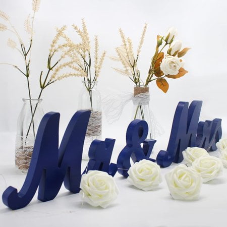 Wooden Mr and Mrs Sign Rustic Mr. & Mrs. Letters Wedding Signs for Wedding Table Miss Mr. Deroation for Photo Props/Party Table/Anniversary/Valentine's Day/Wedding & Engagement Navy Blue