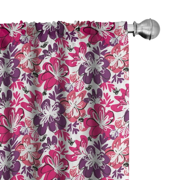Ambesonne Floral Curtains, Colorful Flower Butterfly, Pair of 28"x95", Magenta Purple and White