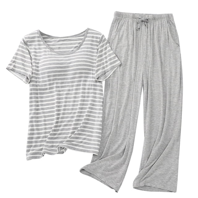 Besolor Ensembles de Pyjama pour Femmes Décontractés à Rayures, T-Shirts à Manches Courtes à Col Ras du Cou et Pantalons Capri, Tenue 2 Pcs, Vêtements de Nuit, Pyjamas
