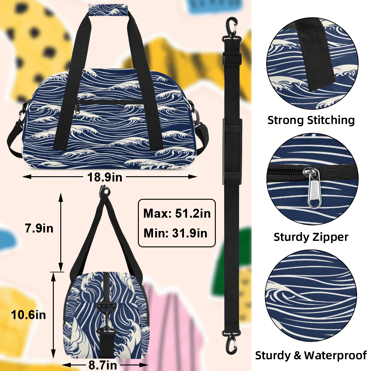 Herdesigns Blue Sea Wave Sports Duffle Bag for Women & Men, Ocean Theme Gym Bag Dance Bag Overnight Bag Carry On Weekender Travel Bag