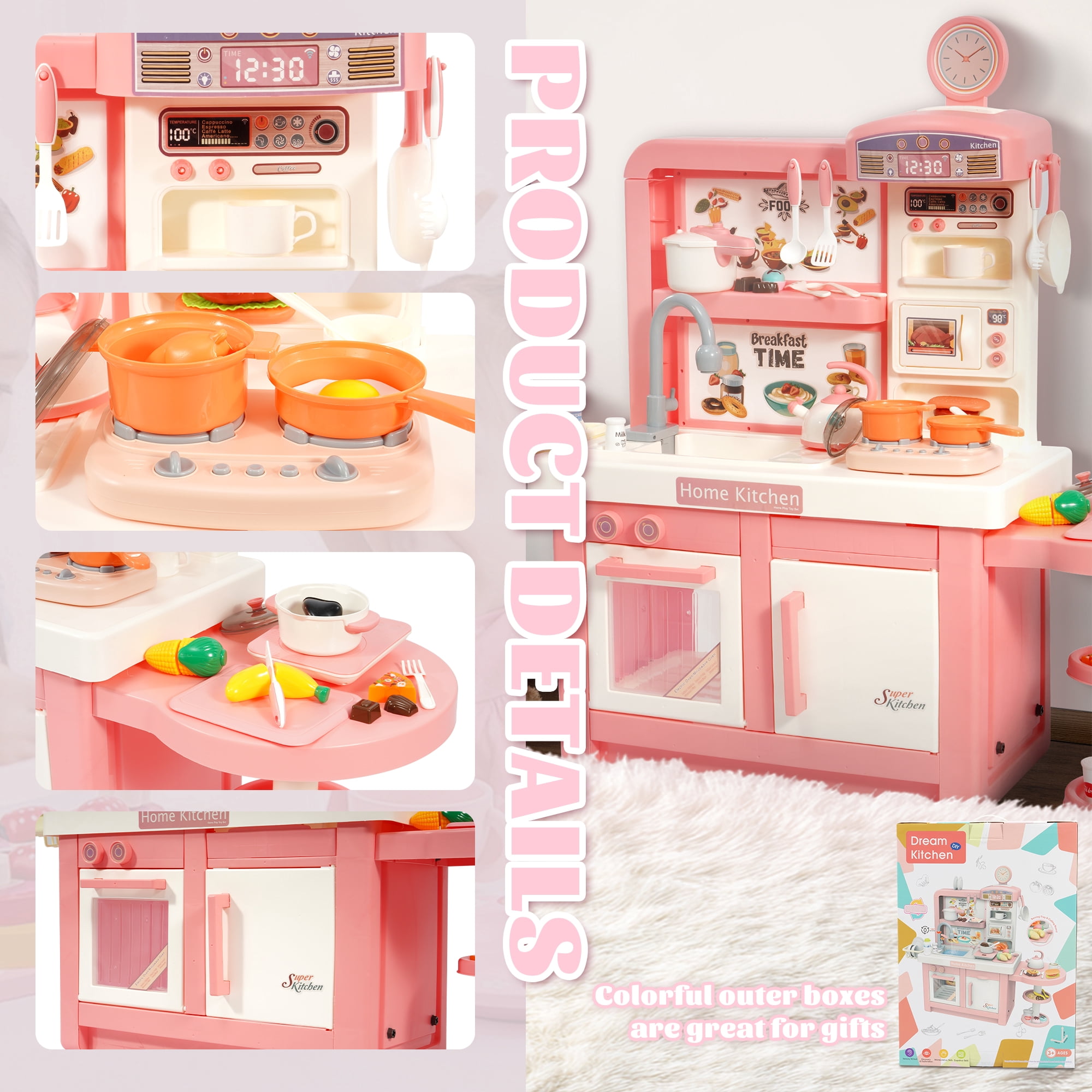 Signature Fitness 49-Piece Toddler Kitchen Playset，Pretend Food，with Stove, Sink, and Accessories, Interactive Lights & Sounds, Ideal for Ages 3+